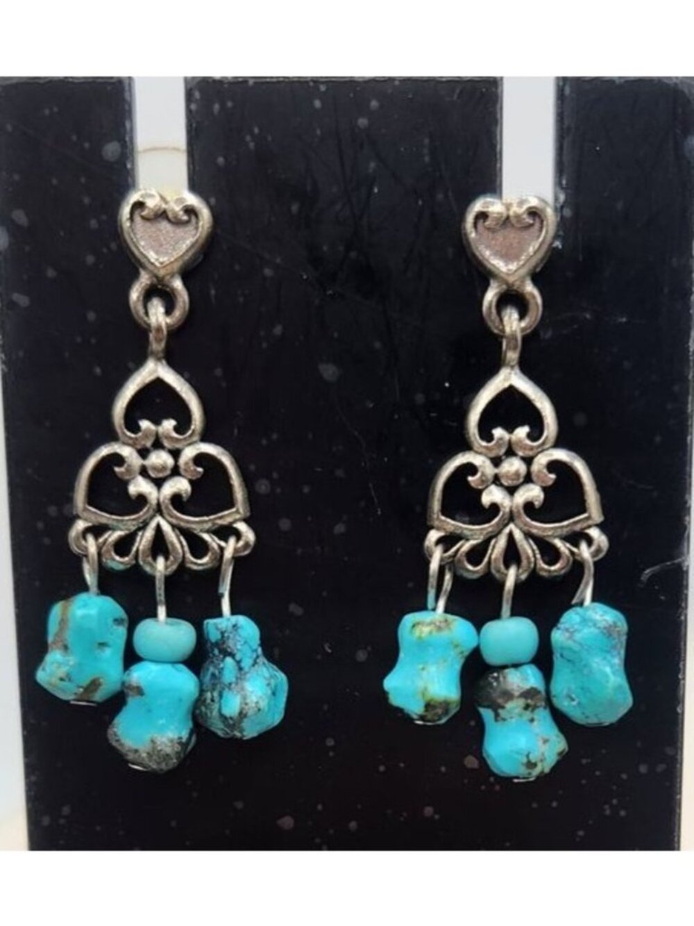 Silver Tone Chandelier Earrings With Heart Accent & Turquoise Beads
